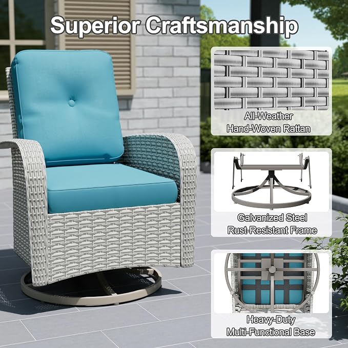 12-Piece Outdoor Patio Furniture Set with Fire Pit, Modular Sectional Sofa Set with Swivel Rocker Chairs & Ottomans, Wicker Outdoor Couch Conversation Sets w/Coffee Table and Cushions, Cyan