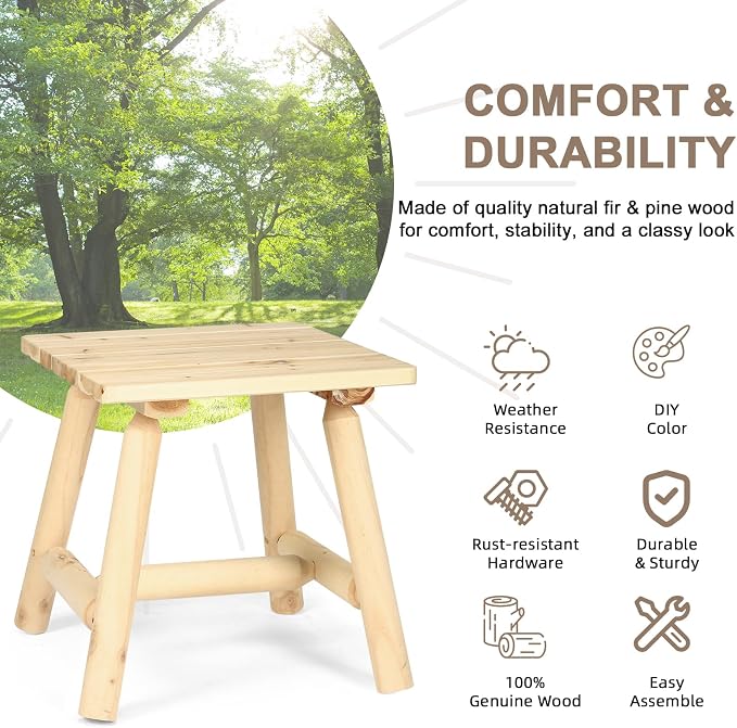 Outdoor Adirondack Log Side Table, 19.5" Thick Wooden Patio Square End Table with Slatted Tabletop, Solid Wood Rustic Accent Table for Indoor & Garden Deck Porch Balcony Backyard, Natural