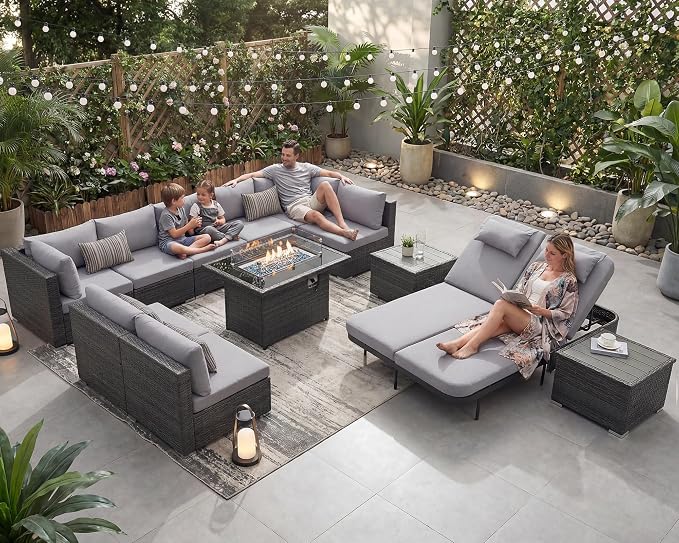 NICESOUL 13 Pcs Patio Set with Fire Pit Table, Modular 10-Seat Wicker Outdoor Sectional with Fire Pit & Chaise Lounge, 500 lbs High Weight Capacity Deep Seated Sectional Couch Set, Light Gray