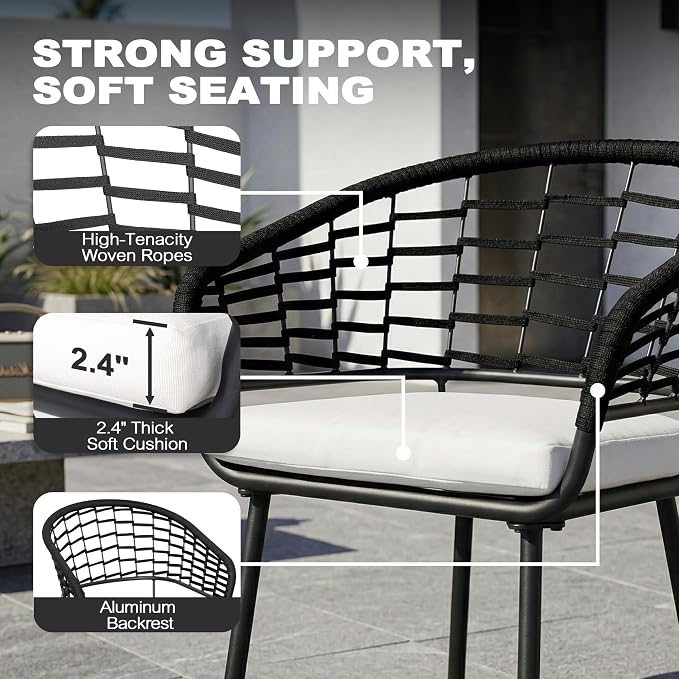 NUU GARDEN 5-Piece Patio Dining Set, 4 Woven Rope Chairs with Beige Cushions, Square Table with Slatted Tabletop and Umbrella Hole, Patio Table and Chair Set for Garden and Poolside, Black