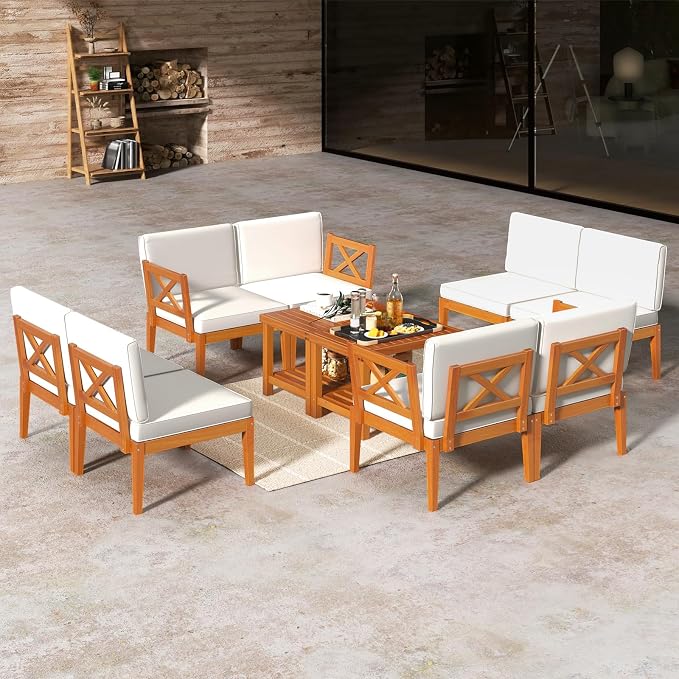 Tangkula 10 Pieces Acacia Wood Patio Furniture Set, Outdoor Sectional Conversation Set with Cushions and 2-Tier Coffee Table, Outdoor Bistro Furniture Set for Garden, Backyard