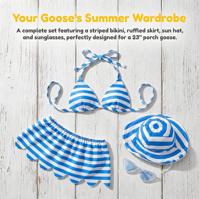 Hot 4Pcs Summer Bikini Porch Goose Outfits Set, Blue Striped Beach Costume with Hat, Fasion Sunglasses & Skirt, Yard & Lawn Goose Clothes for 23" Statue, Outdoor Patio Garden Decoration(Bikini)