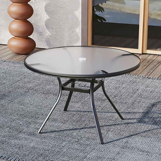 40" Round Glass Ourdoor Table for 4 Person with Umbrella Hole, Black Frame | 40 inch Round Glass Table Top, Black Metal Frame, 4 Person Table