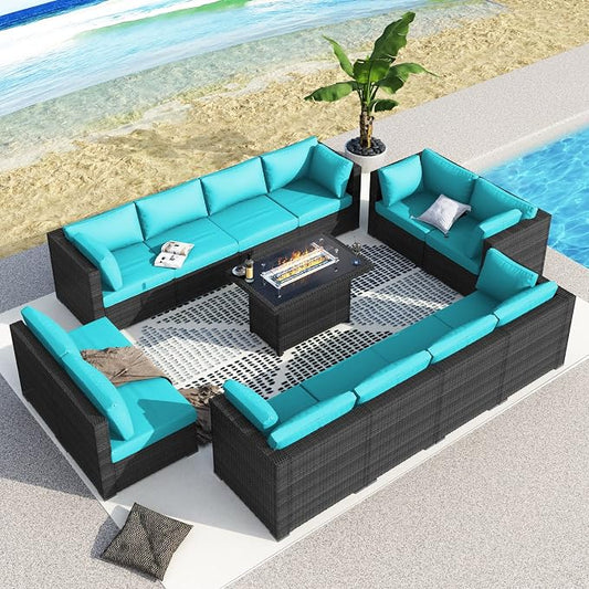 BULEXYARD 13 Piece High Back Patio Furniture Sets with Firepit, Luxury Outdoor Seating Sectional Couch 12-Person Modular, Comfortable Extra Large Wide Deep Backyard Conversation Sofa Set, Grey & Teal
