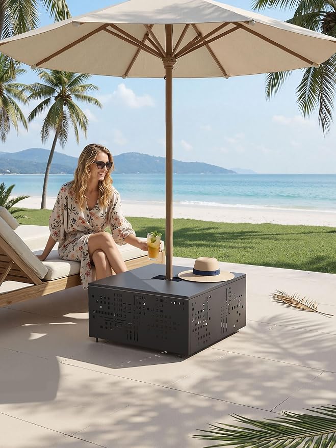 27" Outdoor Solar-Light Coffee Table with Geometric Cut-Out Design, Square Accent Coffee Table with Umbrella Hole, All Weather-Resistant Side Table for Patio, Garden, Deck, Grey