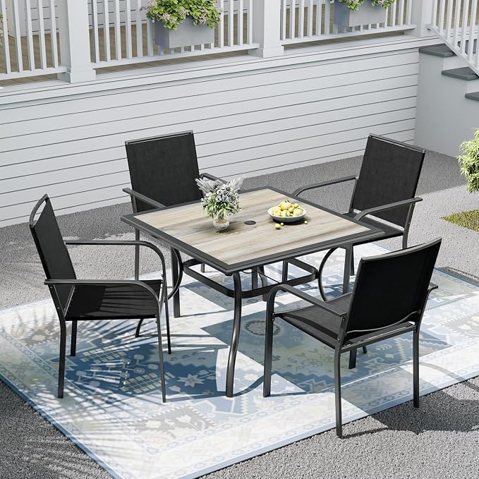 Patio Dining Set for 4, Outdoor 37" Dining Table with Laminated Top and 1.9" Umbrella Hole, 4pcs Stackable Patio Chairs Included, Perfect for Home & Outside