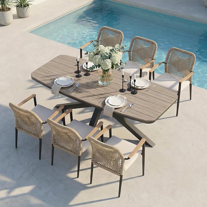 SUNSITT 7 Piece Outdoor Patio Dining Set, Patio Dining Furniture Set with 87” Aluminum Dining Table w/X Base Legs and 6 Woven Wicker Patio Chairs w/WPC Armrests for Garden, Dark Grey