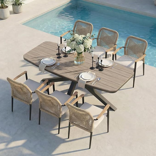 SUNSITT 7 Piece Outdoor Patio Dining Set, Patio Dining Furniture Set with 87” Aluminum Dining Table w/X Base Legs and 6 Woven Wicker Patio Chairs w/WPC Armrests for Garden, Dark Grey