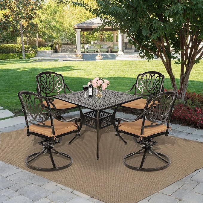 MEETWARM 5-Piece Outdoor Patio Dining Set, All-Weather Cast Aluminum Patio Conversation Set for Backyard Garden Deck with 4 Cushions Swivel Rocker Chairs and 35.4" Square Table, 2.2" Umbrella Hole