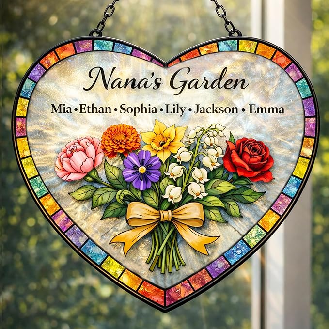 Personalized Mother’s Day Suncatcher Heart Shape – Custom Birth Flower Suncatcher for Mom Grandma – Stained Glass Style Personalized Gift with Kids Names for Mom Nana Grandma