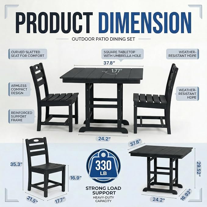 WILLIAMSPACE 37.8" Outdoor Patio Dining Set with 2 Armless Chairs, All Weather HDPE Square Dining Table with Umbrella Hole, Patio 3-Piece Bistro Set for Backyard, Balcony, Lawn, Kitchen (Black)