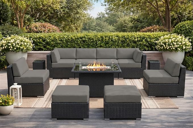 Fully Assembled 11 Piece Aluminum Wicker Outdoor Patio Furniture with Sunbrella Taupe 6-inch All-Weather Rainshield Cushions, Oversized Seats and 42-inch Fire Table