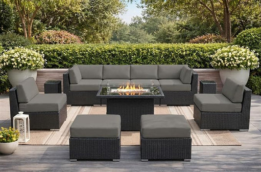 Fully Assembled 11 Piece Aluminum Wicker Outdoor Patio Furniture with Sunbrella Taupe 6-inch All-Weather Rainshield Cushions, Oversized Seats and 42-inch Fire Table