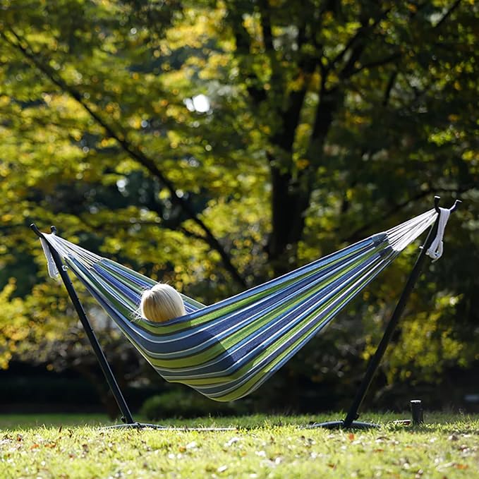 Vivere Double Cotton Hammock with Space Saving Steel Stand, Upgraded Polyester End Strings 450 lb Capacity - Premium Carry Bag Included (Oasis)