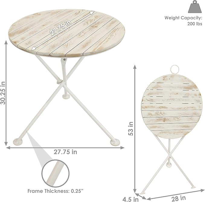 Sunnydaze French Country Wood Round Bistro Table - Portable White Folding Table for Indoor or Outdoor Use - 28" Round