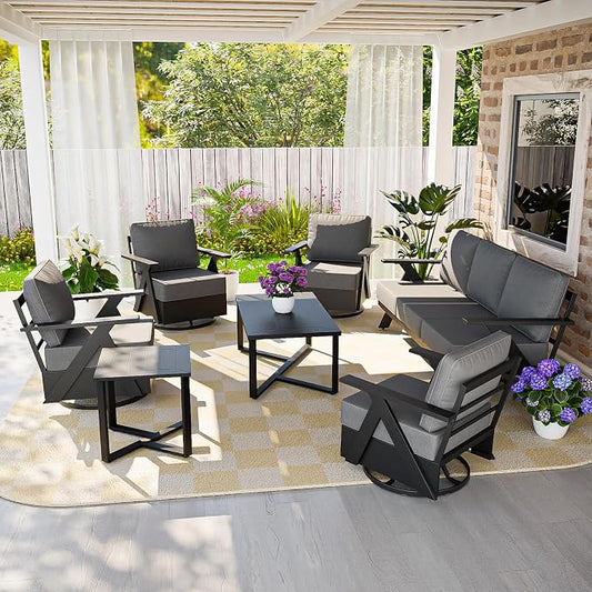 COOS BAY Iron Luxe 7 Piece Outdoor Patio Furniture Set, Modern Patio Conversation Set with 4 Swivel Rocking Chairs, a 3 Seat Couch, Coffee Table & Side Table for Deck, Garden, Porch, Black/Gray