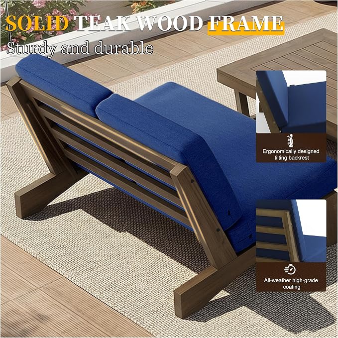 All Weather Patio Furniture Sets, 4 Pieces Teak Wood Outdoor Sectional Futniture Patio Sofa Chair Backyard Conversation Set with Solid Wooden Coffee Table - Navy Blue