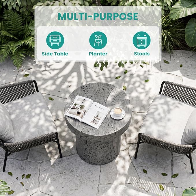 SUNBURY Outdoor Side Table Medium, 20" H Concrete Coffee Table, Lightweight Patio End Table Round, Modern MgO Decorative Dining Table for Patio, Garden, Backyard, Grey