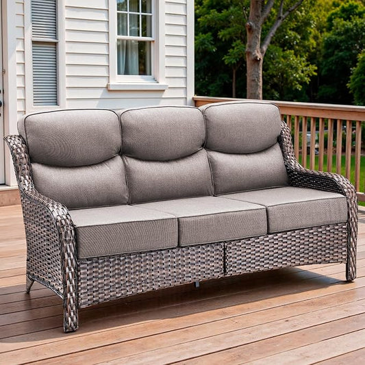 71'' Patio Couch Outdoor Wicker Sofa, Heavy Duty All-Weather Rattan 3-Seater Sofa with Deep Seating and Removable Cover, Outdoor Patio Furniture for Deck Porch Sunroom Backyard Brown/Grey