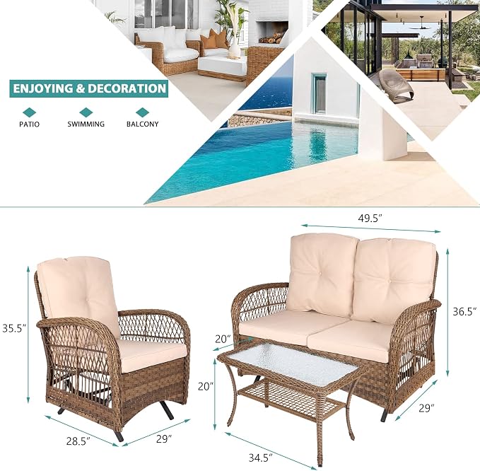 MEETWARM 4 Pieces Outdoor Wicker Patio Conversation Sets with Glider Loveseat, 2 Chairs with Glass-Top Coffee Table Rocking Glider Set, Wicker Conversation Set with Thickened Cushions