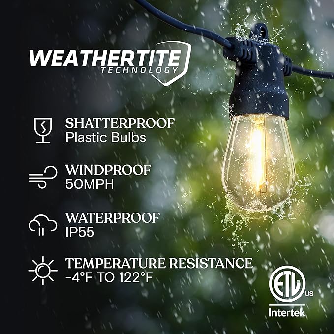 Brightech Ambience Pro Solar String Lights, Commercial Grade 48 ft | Outdoor String Lights, Waterproof Patio Lights, 15 Shatterproof LED Edison Bulbs for Outside & Porch, 1W Soft White