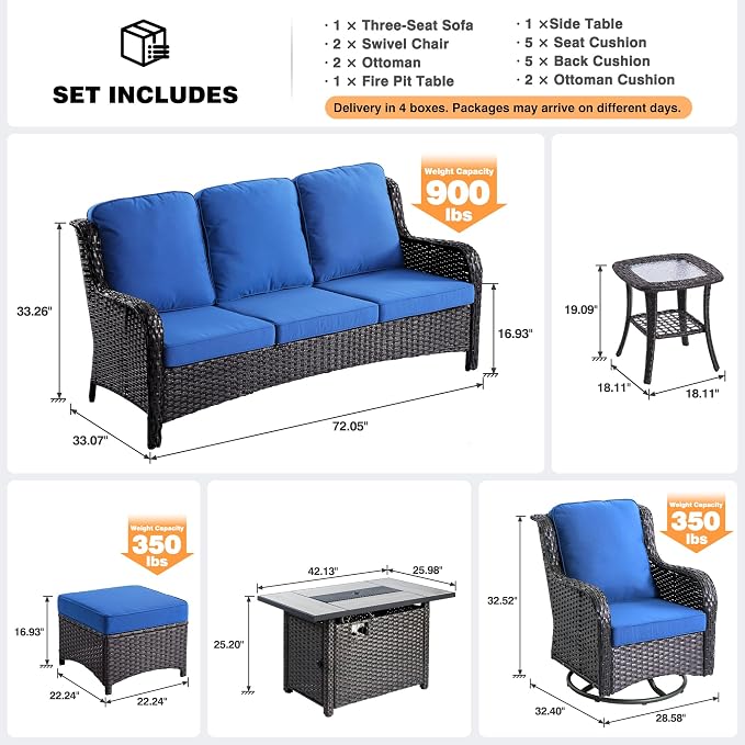ovios 7-Pieces Patio Furniture Set with 42" Fire Pit Table Swivel Chairs, Outdoor Wicker Sofa Couch Gliders Rocker, High Back Modern Conversation Set, Brown Rattan, Navy Blue