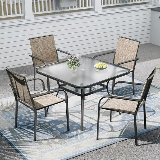 Outdoor Patio Set, 37" Square Glass Dining Table and 4pcs Stackable Chairs, All-Weather Patio Furniture Set with 1.7" Umbrella Hole for Garden Backyard Lawn Poolside