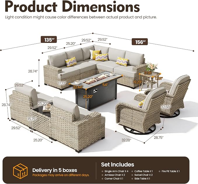 HOOOWOOO Sectional Patio Furniture Set with Fire Pit Table,12 Pieces Wicker Outdoor Furniture L Shaped Couch,Outside Conversation Set Extra Deep Seat Sofa Wide Arm Swivel Chairs Solar Light,Gray