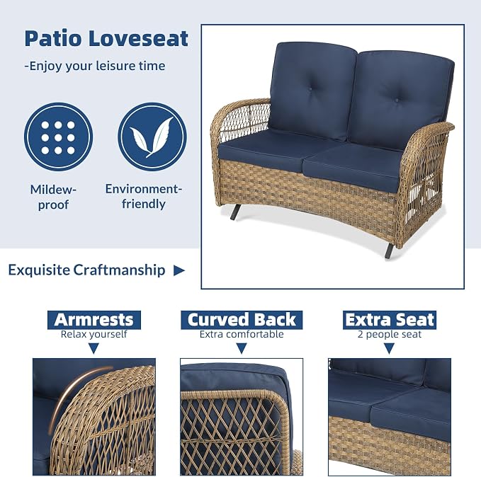 2 Piece Outdoor Wicker Gliding Loveseat Set, Patio Conversation Furniture Sets with 2-Seater Glider Rocking Bench, Glass-Top Coffee Table and Cushions for Porch Garden Poolside, Navy Blue