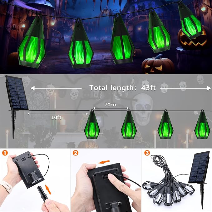 Solar String Lights for Outside, 33Ft Solar Patio Lights with 15 Flickering Flame Light Bulbs, Waterproof Green Solar Powered Outdoor Lights for Garden Yard Patio Gazebo Bistro Cafe Porch Party Decor