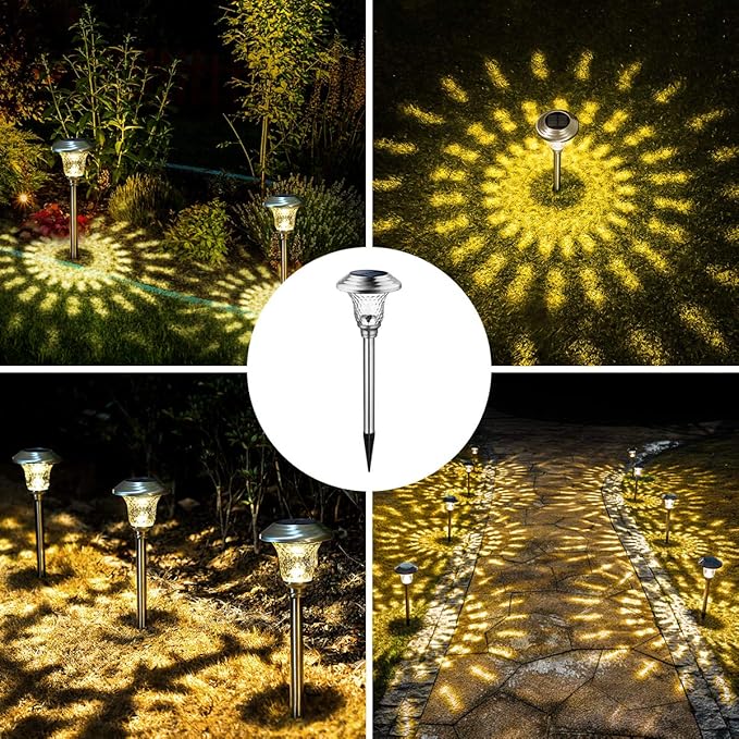 GIGALUMI Metal & Glass Solar Lights Outdoor, 8 Pack LED Garden Lights | Solar Pathway Lights Waterproof, Warm White Landscape Path Lights, Garden Decor for Yard, Patio, Walkway (Stainless Steel)