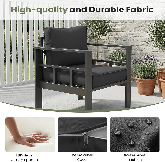 5 Piece Aluminum Patio Furniture Set, Thick Cushions, Aluminum Outdoor Sectional Conversation Set with Coffee Table for Porch, Backyard, Deck(Grey/Dark Grey)