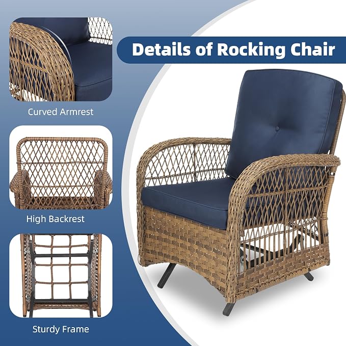 3-Piece Patio Wicker Conversation Bistro Set, All-Weather Gliding Rocking Chairs with Thickened Cushions and Glass Top Table, Outdoor Rattan Furniture Sets for Porch Garden, Navy Blue