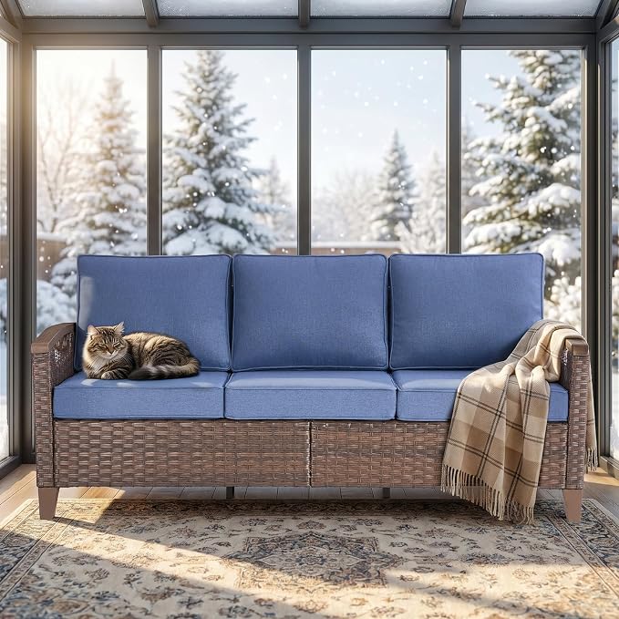 Rilyson Luxury Wicker Outdoor Couch Patio Sofa, 3 Seater Rattan Patio Couch Water Resistant,Comfortable Cushions and Sturdy Metal Frame for Outside Porch Deck Backyard, Brown/Blue