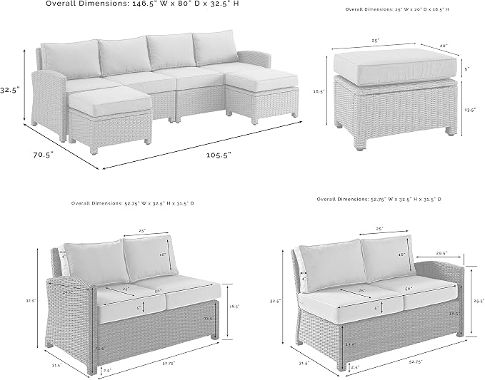 Crosley Furniture Bradenton 4-Piece Outdoor Sectional Sofa Wicker Conversation Patio Furniture Set for Deck, Brown with Navy Cushions