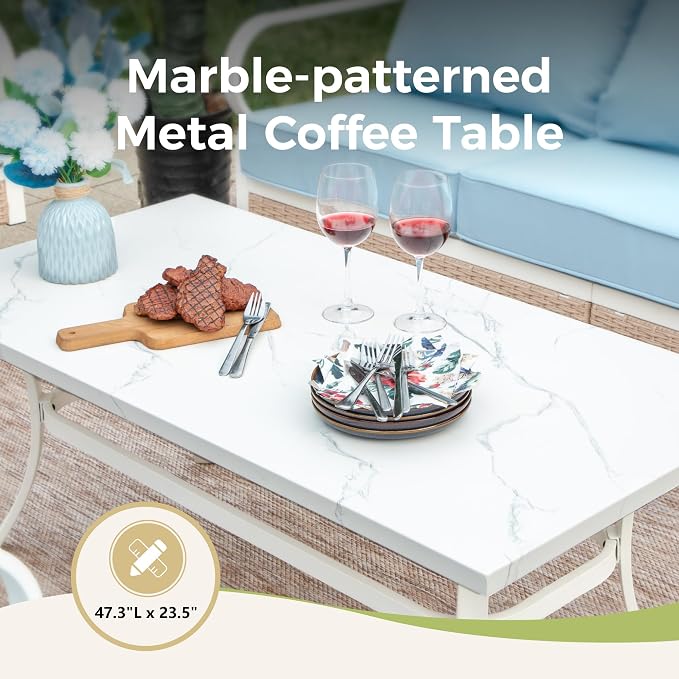 MIXPATIO 6 Piece Patio Furniture Set, 4 x Fixed Chair, 1 x 3-Seat Sofa with Marbling Coffee Table, All Cushioned 7 Seats Outdoor Conversation Set for Lawn Garden Backyard, Blue