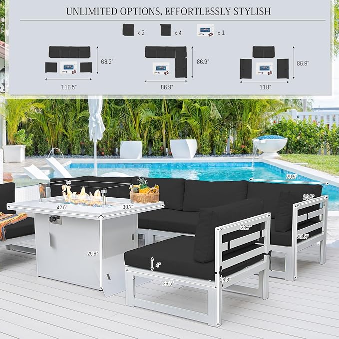 BULEXYARD 7 Piece Luxury Aluminum Outdoor Sectional Sofa with Fire Pit Table, Oversized L Shaped Patio Furniture Set, 29 inch Deep Wide Seating, 500 lbs Heavy Duty Conversation Set for Backyard, Black