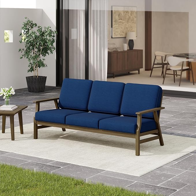 3 Pieces Patio Furniture Sets, Teak Wood Outdoor Sectional Furniture with Coffee Table, 5 Seats Patio Sofa Couch Conversation Set for Backyard Deck - Navy