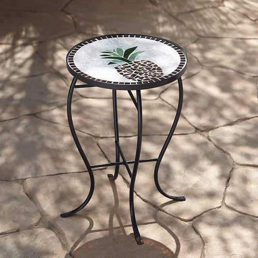 Teal Island Designs Beige Pineapple Modern Black Metal Round Outdoor Accent Side Table 14" Wide Black Glass Mosaic Tabletop Gracefully Curved Legs for Front Porch Patio Home House Balcony Deck Shed
