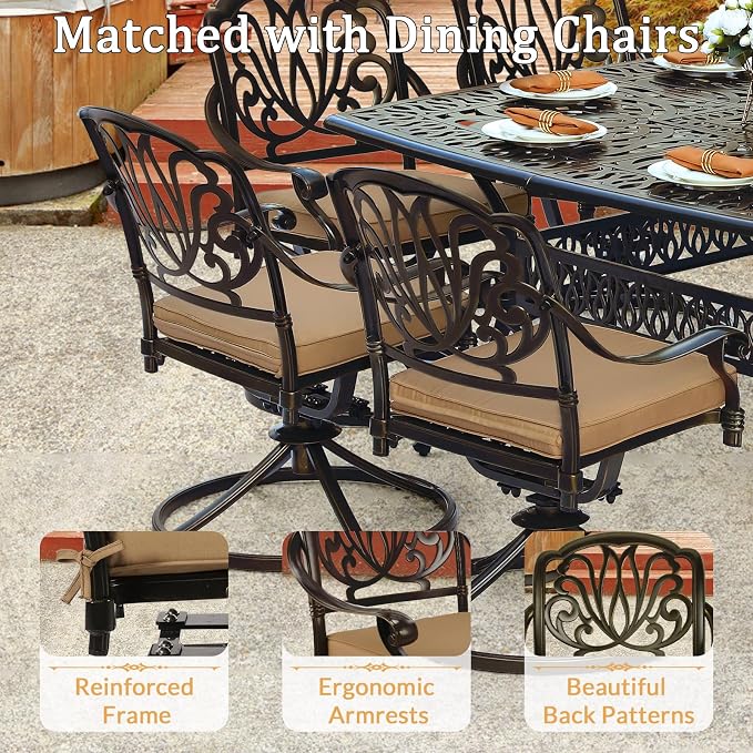9 Piece Outdoor Patio Dining Set for 8, Cast Aluminium Large Square Dining Table & 8 Swivel Rocker Chairs with Removable Cushions, Umbrella Hole, Patio Furniture Set for Garden, Khaki