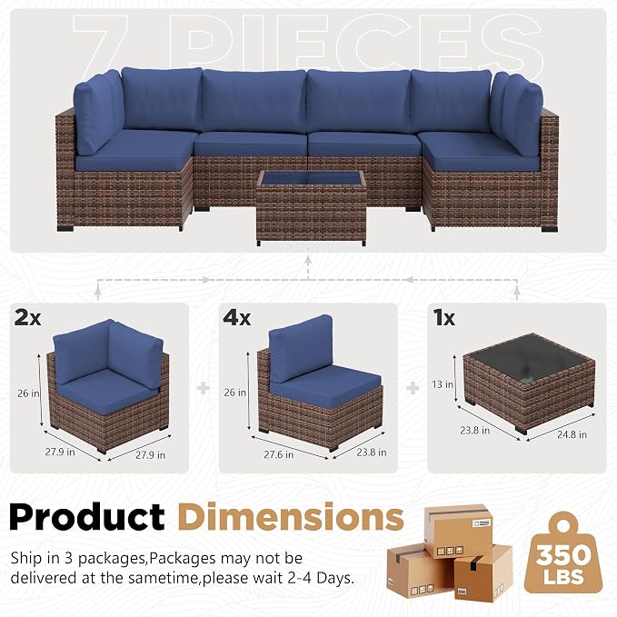 LHBcraft 7 Pieces Outdoor Wicker Rattan Patio Furniture, Wicker Rattan Outdoor Sectional Sofa Set with Coffee Table & Blue Cushions for Garden, Poolside