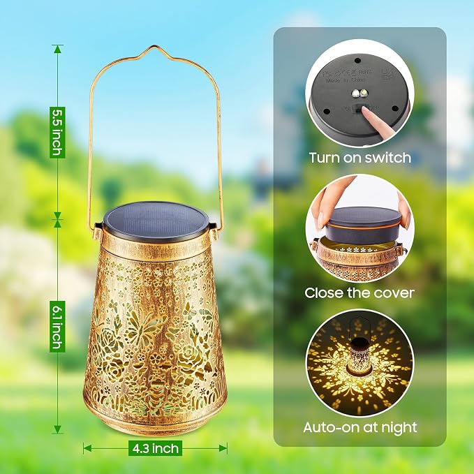 2 Pack Solar Lanterns Outdoor Waterproof, Birthday Gifts for Women Mom | Hollow-Out Metal Butterflies Lantern, 2 Lighting Modes, Outside Hanging Solar Lights for Christmas Decorations, Garden Decor
