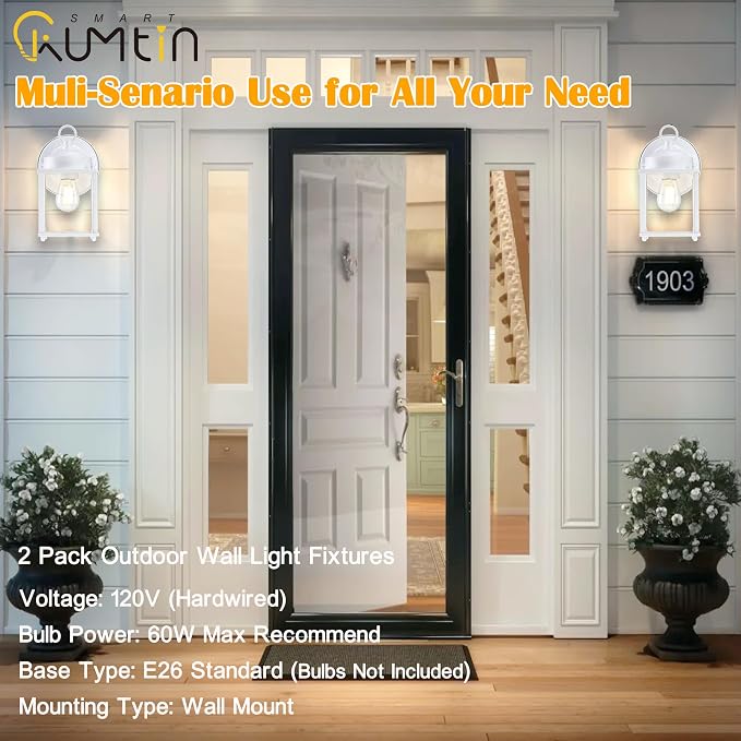 Outdoor Wall Light, Porch Lamp, Rustproof Waterproof, White | Exterior Wall Sconce Fixture for House, Garage, Patio, Metal Housing with Glass, E26 Base, 4 Pack