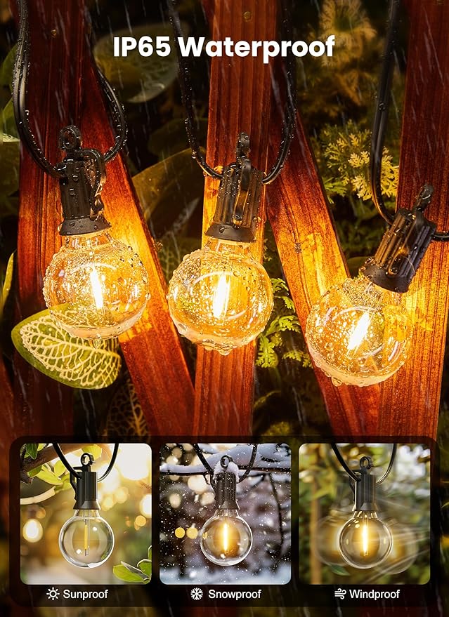 Outdoor String Lights, 100FT 50+2 G40 Bulbs Shatterproof Patio Lights | IP65 Waterproof Dimmable Hanging Connectable Globe LED Outdoor Lights for Christmas, Backyard, Bistro, Porch, Deck, Balcony