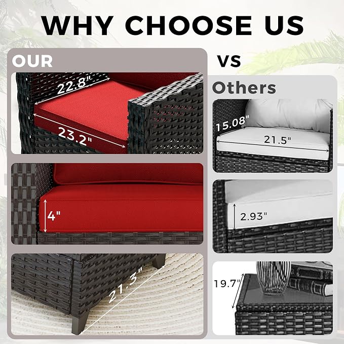 Patio 2 Pieces Wicker Chairs Set of 2，Outdoor PE Rattan Armchairs, Water-Resistant Cushions with Removable and Washable Covers, Porch, Balcony, Sunroom (Red)