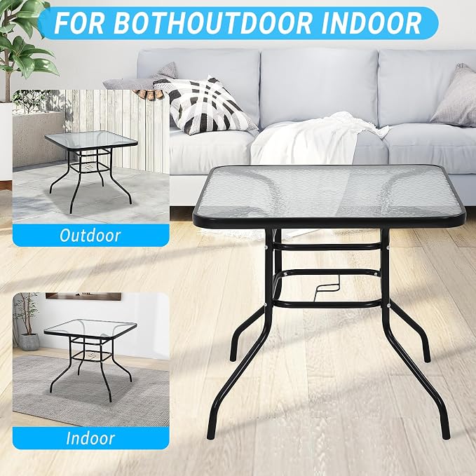 Outdoor Patio Table with Umbrella Hole, 32 Inches Tempered Glass Top Square Patio Table,Conversation Coffee Table Metal Steel Frame All-Weather Furniture for Balcony, Backyard and Poolside