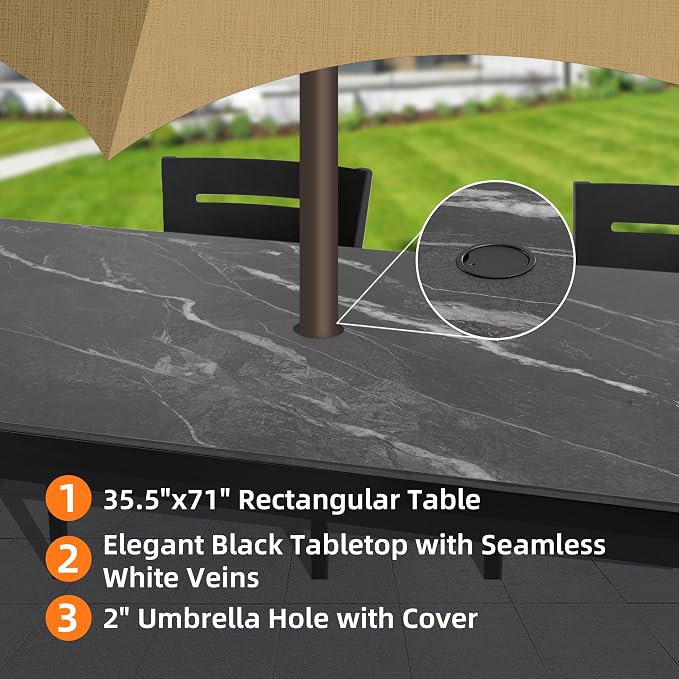 Luxury Outdoor Aluminum Dining Table for 6-8, Rectangular Patio Table with Black Marble Pattern Sintered Stone Top, Post Tapered Legs for Garden, Lawn, Weatherproof & Rust-Free