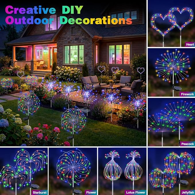 btfarm 2 Pack Solar Garden Lights Outdoor, 8 Modes Firework Lights Outside | 120LED, Waterproof Fairy Twinkle Light Solar Powered for Yard Christmas Pathway Lawn Pool Patio Decorative, Multicolor