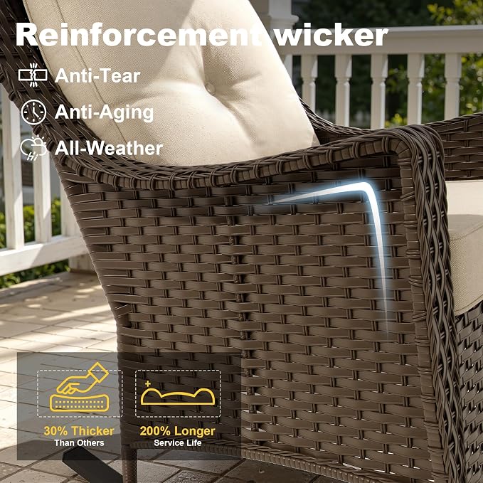 3 Pieces Patio Rocking Chairs, 2 High Back Rattan Furniture Set and Side Table, Outdoor PE Wicker Furniture Set, All Weather Patio Set with Waterproof Cushion for Porch and Deck