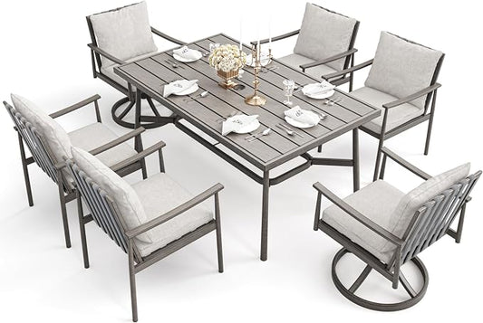 HAPPATIO 7-Piece Outdoor Dining Set for 6, Aluminum Patio Dining Set Includes 4 Dining Chairs, 2 Swivel Dining Chairs, and 1 Large Rectangular Table with Umbrella Hole, for Lawn Porch Backyard, Grey